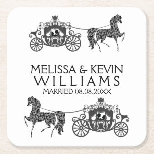 Wedding Horses & Carriage Illustration Square Paper Coaster