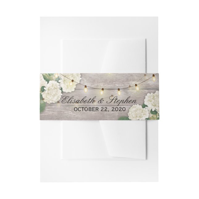Wedding Hydrangea Floral String Lights Rustic Wood Invitation Belly Band (Front Example)