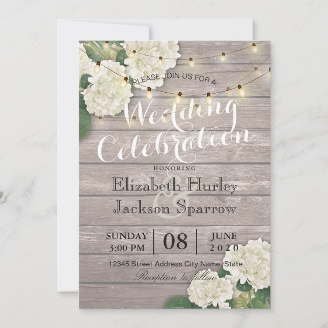 Wedding Hydrangea Flower String Lights Rustic Wood Invitation (Front)