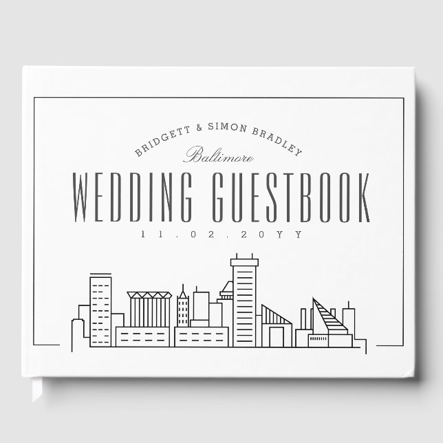 Wedding In Baltimore | Modern Deco Skyline Guest Book (Front)