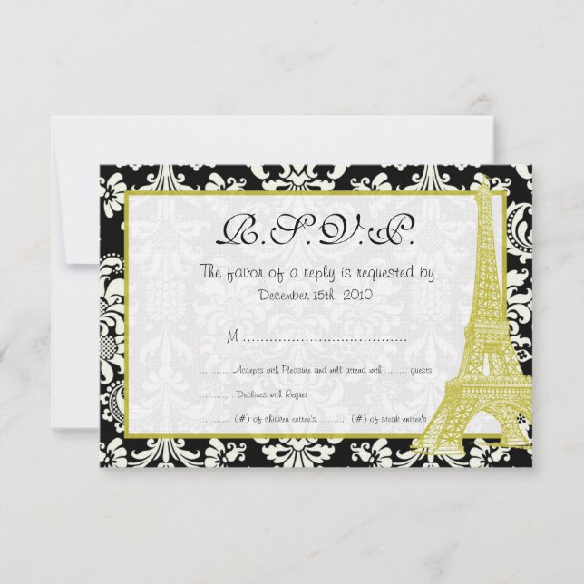 Wedding in Paris Black Damask RSVP Card (Front)
