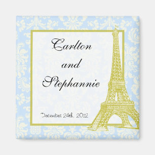 Wedding in Paris Blue Damask Magnet Favour
