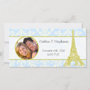 Wedding in Paris Blue Damask Photo Announcement