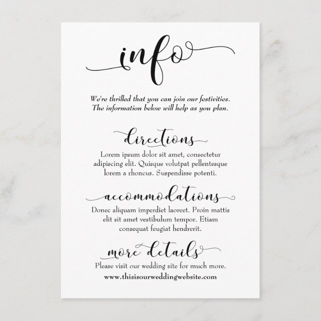 Wedding Info Simple Black & White Elaborate Script Enclosure Card (Front)