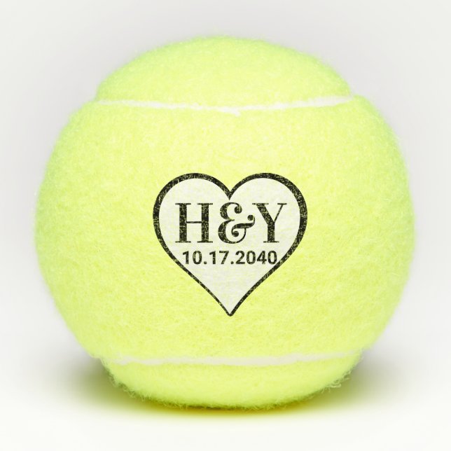 Wedding Initials Monogram Date Heart Tennis Balls (Front)