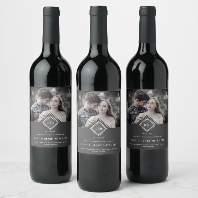 Wedding Initials Ornamental Lace Sophisticated Wine Label (Bottles)