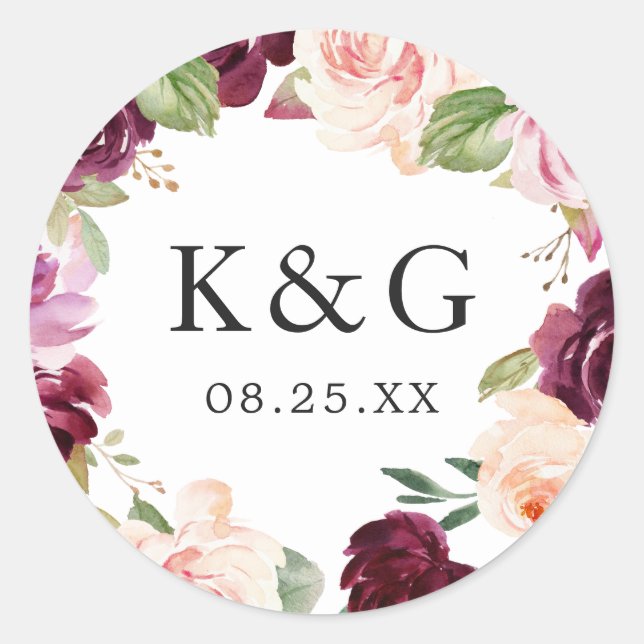 Wedding Initials Plum Purple Blush Floral Wreath Classic Round Sticker (Front)