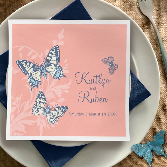 Wedding ink art butterflies coral and muted blue napkin (Creator Uploaded)
