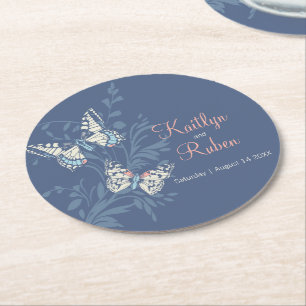 Wedding inked art butterflies blue coral round paper coaster