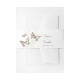 Wedding inked art butterflies brown cream invitation belly band