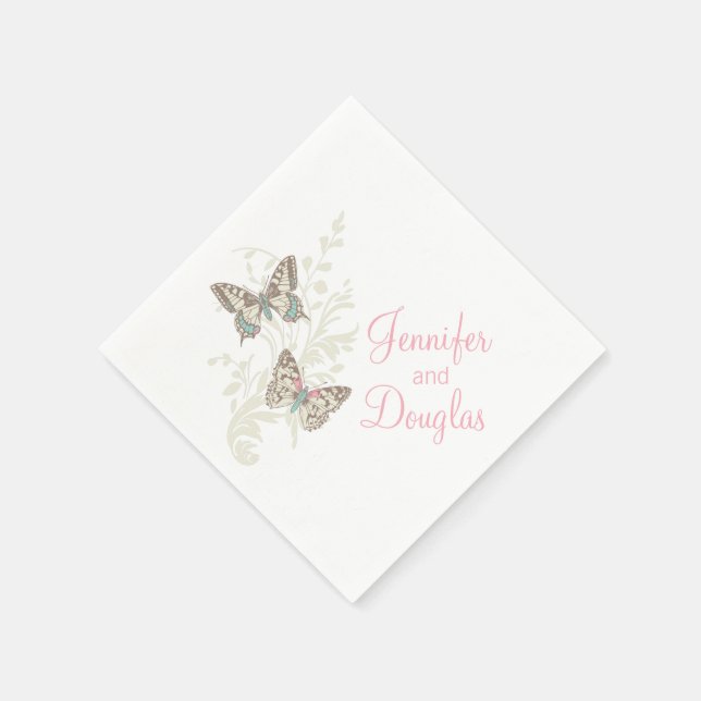 Wedding inked butterflies pink white paper napkin (Corner)