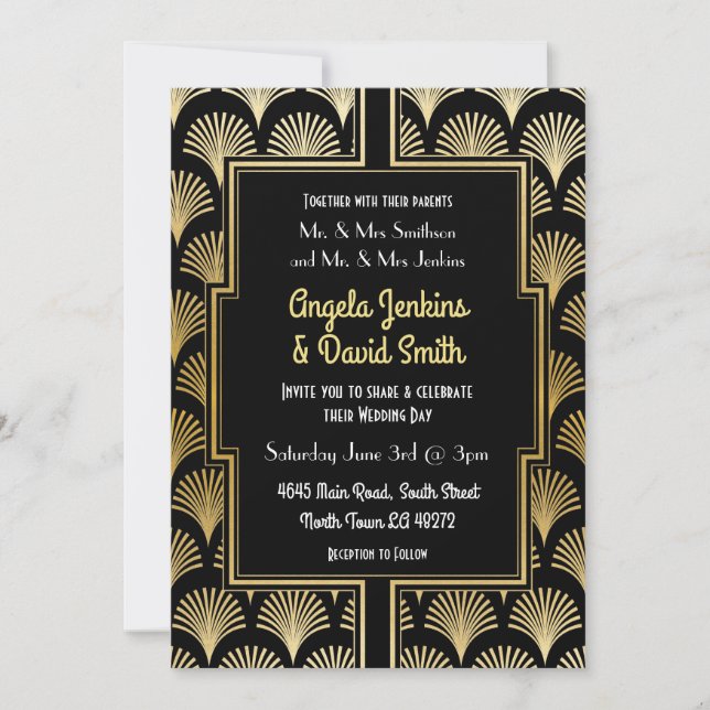 Wedding Invitation 1920's Black Gold Art Deco Fan (Front)