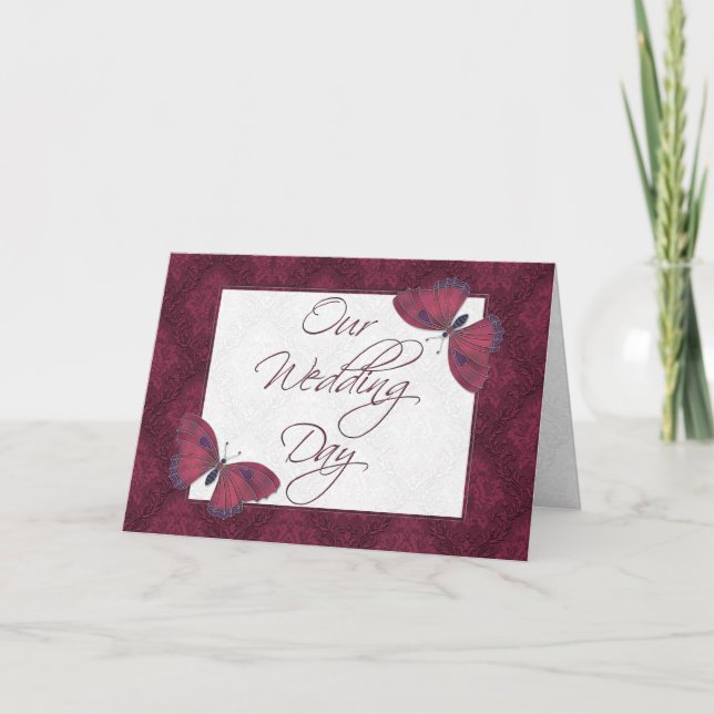 Wedding Invitation 5X7  Butterfly Brocade Red (Front)