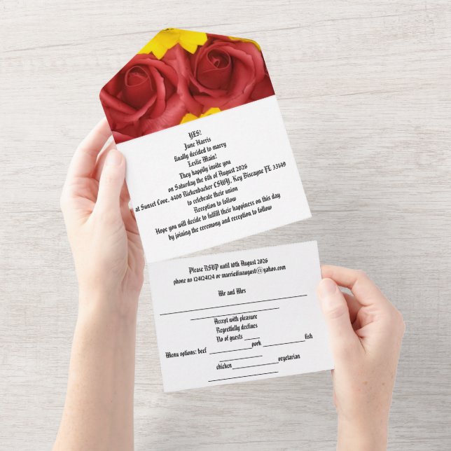 wedding invitation all in one red roses sunflower  (Tearaway)