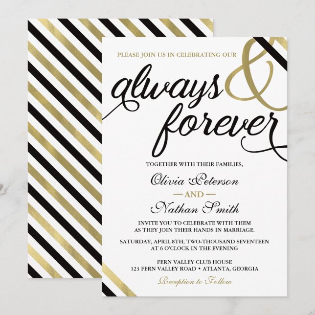 Wedding Invitation, Always & Forever, Black, Gold Invitation (Front/Back)