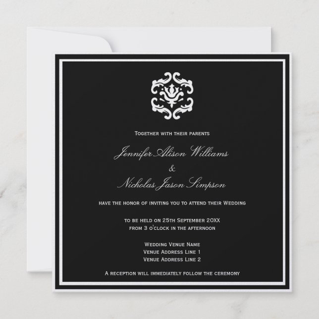 Wedding Invitation Black and White on Metallic (Front)
