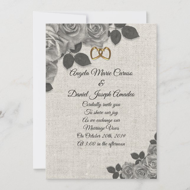 Wedding Invitation black and white roses on linen (Front)