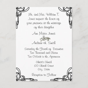 Wedding Invitation Black Corners Swirls on White Postcard