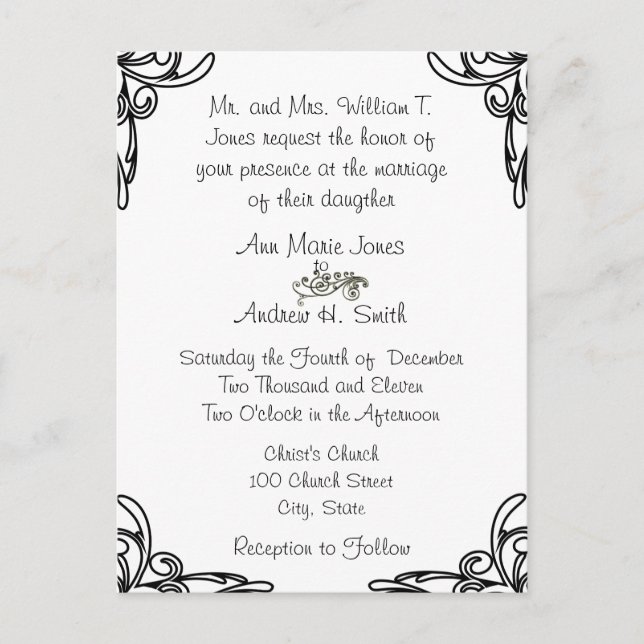 Wedding Invitation Black Corners Swirls on White Postcard (Front)