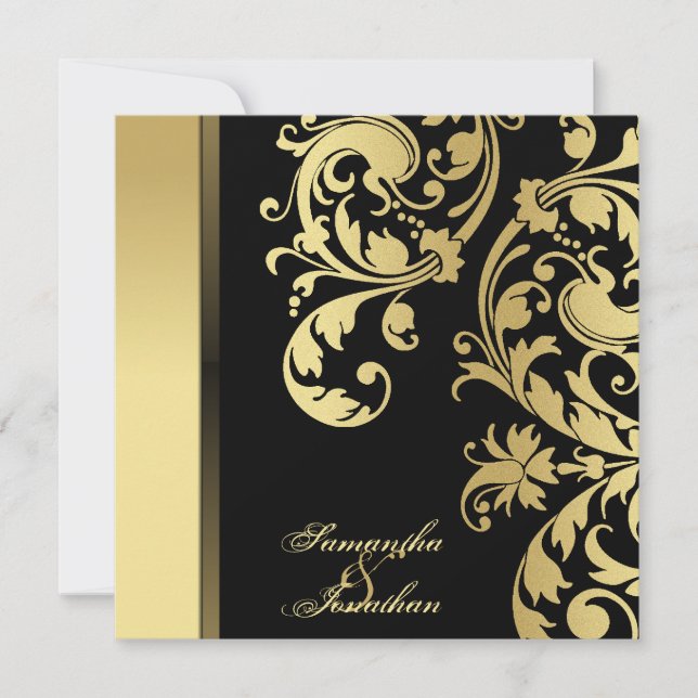 Wedding Invitation Black & Gold Shimmer Floral (Front)