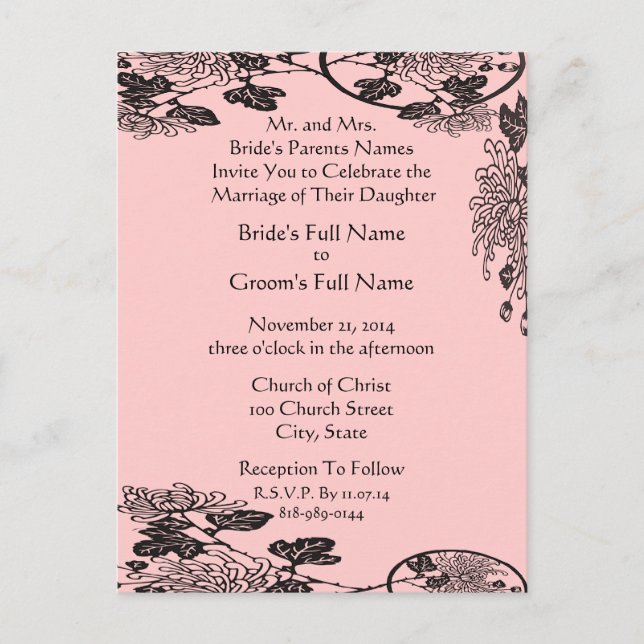 Wedding Invitation Black On Pink Vintage Flowers (Front)