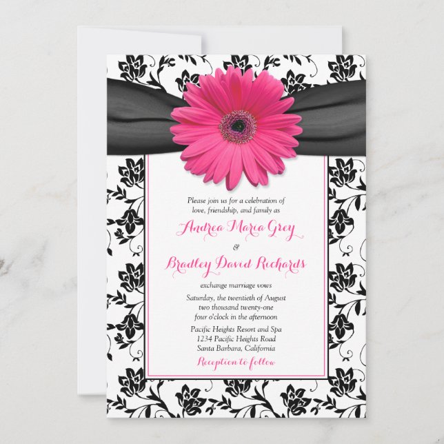Wedding Invitation Black White Damask Pink Daisy (Front)