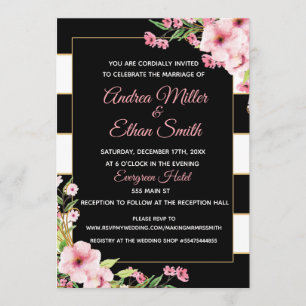 Wedding Invitation Black White Gold Floral Pink
