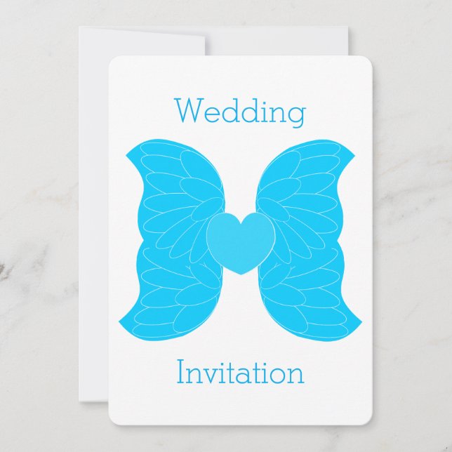 Wedding Invitation Blue Angel Wings Heart Design (Front)