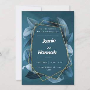 Wedding invitation blue floral leaves  