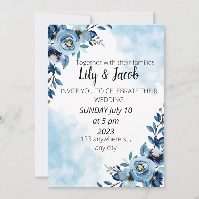 Wedding Invitation Blue Flower Bouquet Watercolor  (Front)