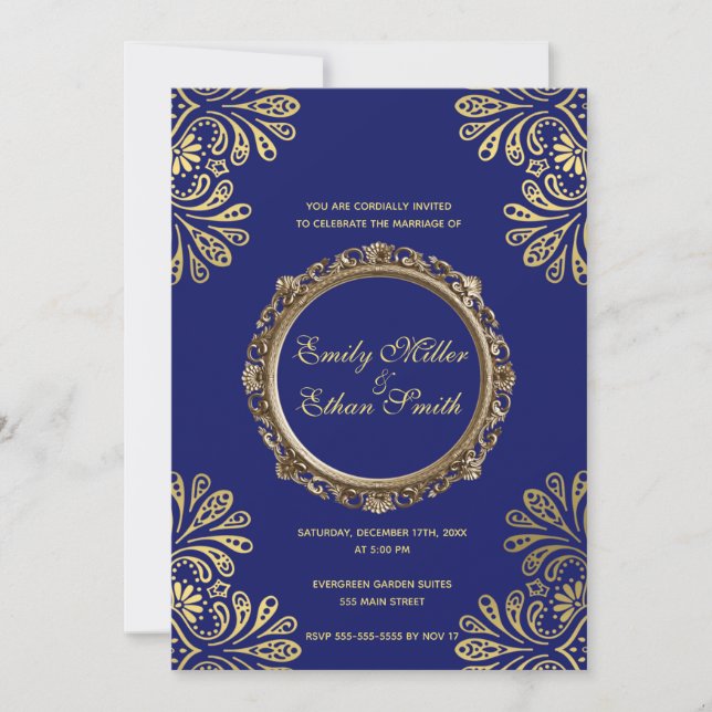 Wedding Invitation Blue Gold Abstract Floral (Front)