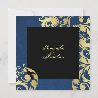 Wedding Invitation Blue Gold Black Pretty Floral