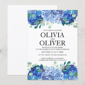 Wedding invitation blue hydrangea eucalyptus green
