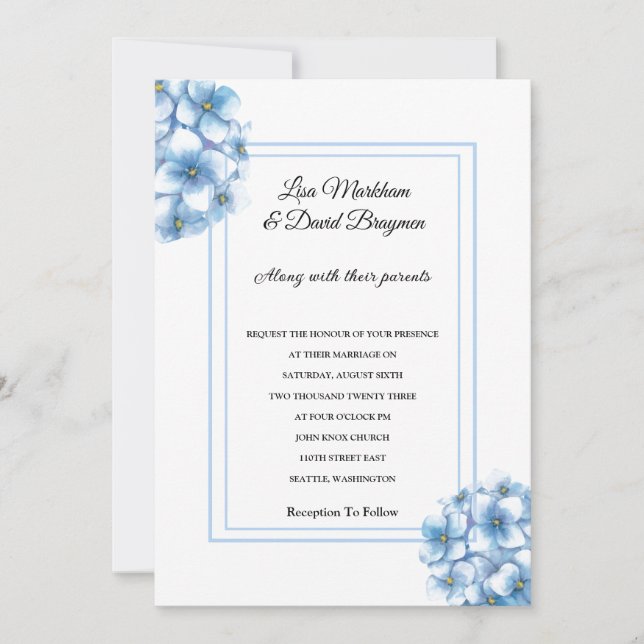 Wedding Invitation-Blue Hydrangeas Invitation (Front)