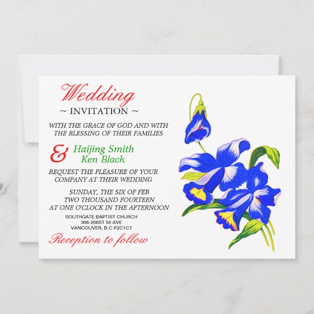 Wedding Invitation Blue Orchid Wedding Flowers (Front)