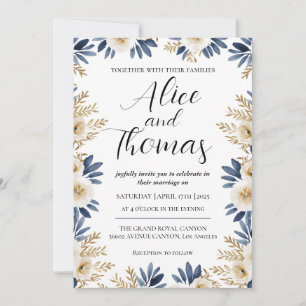 Wedding Invitation BlueGold Floral Elegant Spring