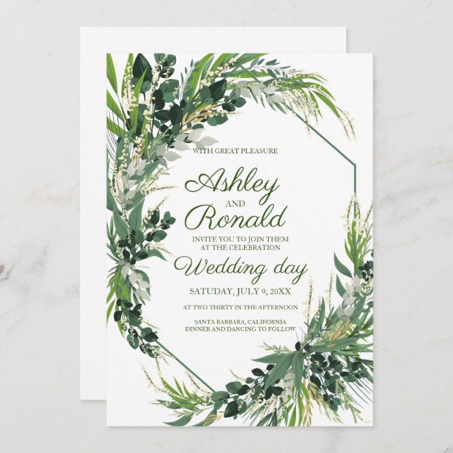 Wedding invitation Bohemian greenery herb (Front/Back)