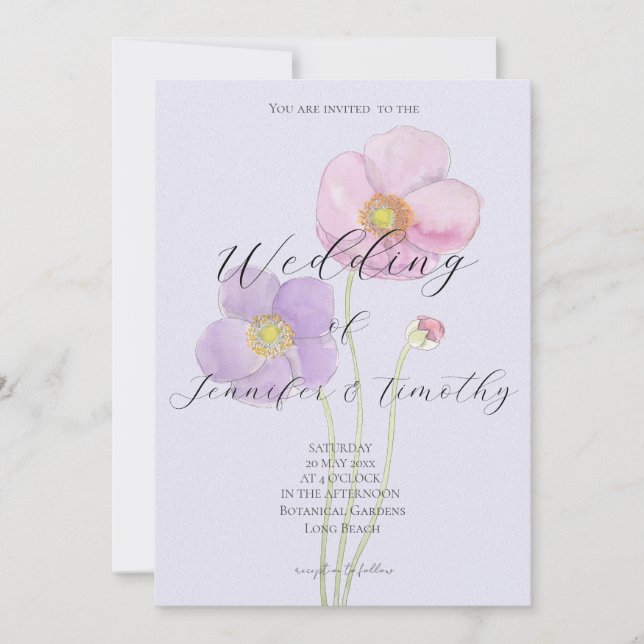 Wedding Invitation Botanical pink purple anemone (Front)