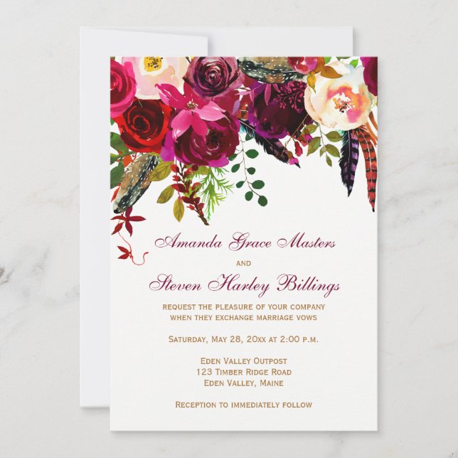 Wedding Invitation - Burgundy Floral, Feathers (Front)