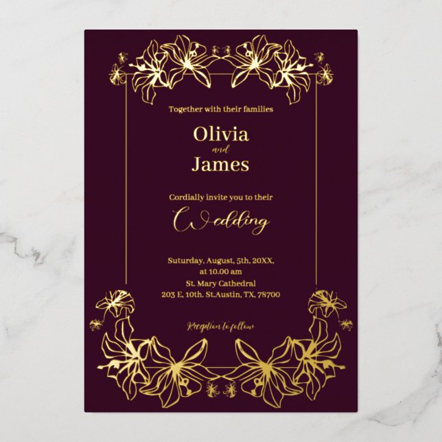 Wedding invitation  burguny gold Foil Holiday Card (Front)