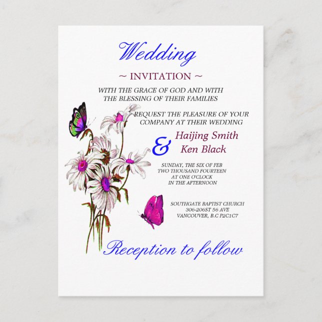 Wedding Invitation Butterflies with Pink Daisies Postcard (Front)