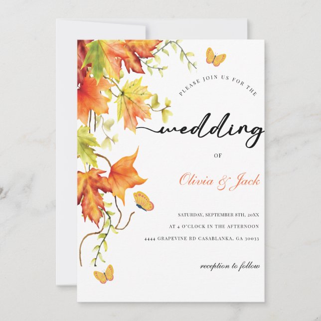 Wedding Invitation butterfly flowers sample modern (Front)