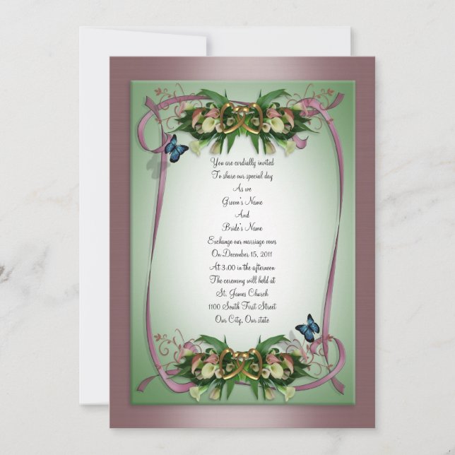 Wedding invitation calla lilies Butterflies mauve, (Front)