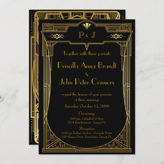 Wedding invitation card,Great Gatsby,gold black 2 (Front/Back)