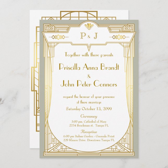 Wedding invitation card,Great Gatsby,gold grey (Front/Back)