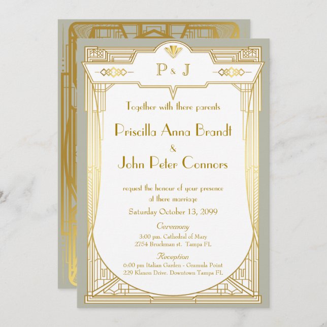 Wedding invitation card,Great Gatsby,gold grey (Front/Back)