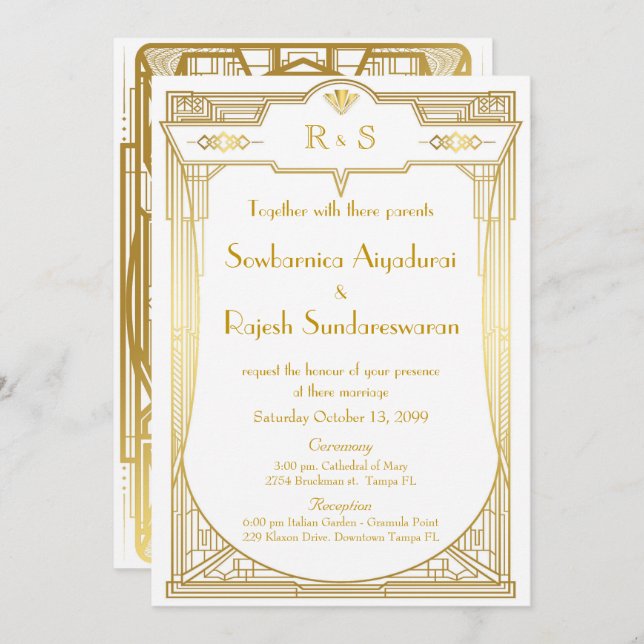 Wedding invitation card,Great Gatsby,gold white 2 (Front/Back)