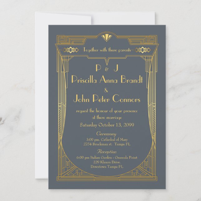 Wedding invitation card,Great Gatsby, grey, gold (Front)