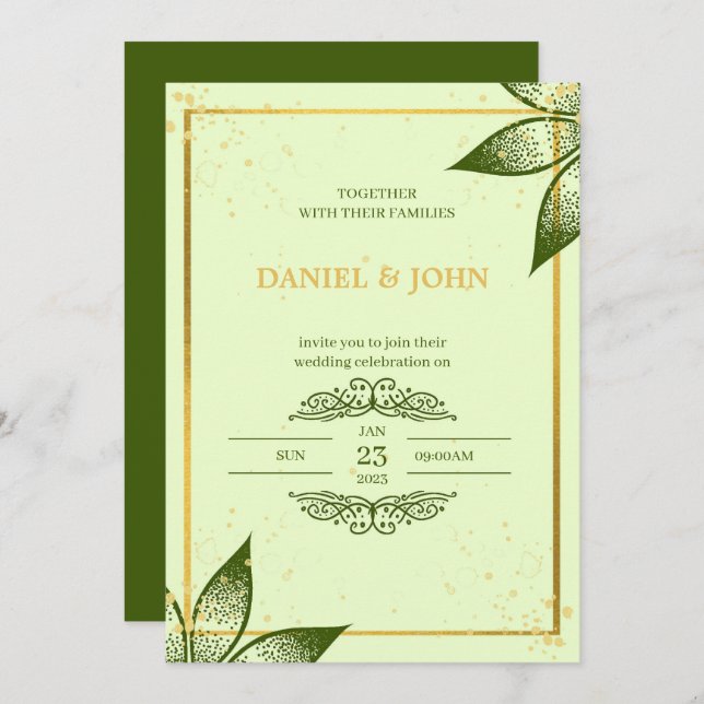 Wedding Invitation card: Green and Gold (Front/Back)