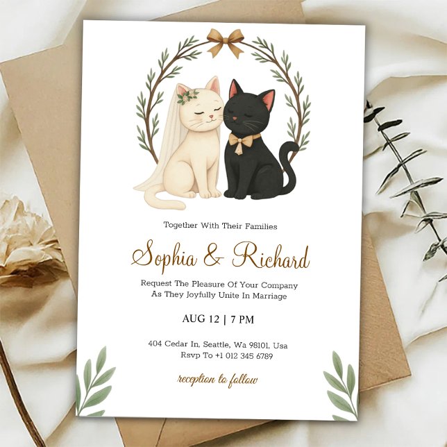 Wedding invitation card with a beige and black cat (Creator Uploaded)